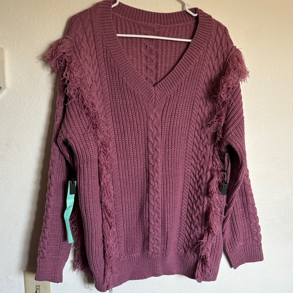 Elegant V-Neck Fringed Sweater - Mauve